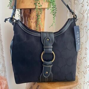 Chaps Black Shoulder Bag with Gold Ring Accent